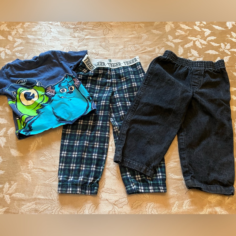 Disney Baby Boy pull on black jeans, flannel pajama bottoms & short sleeve tee
